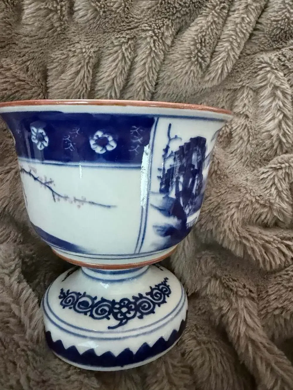 Vintage Blue and White Porcelain Footed Cachepot Planter Pagoda Landscape 5